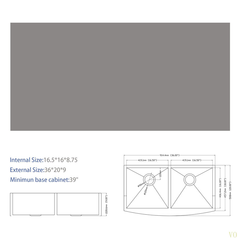 Évier de cuisine à double cuve (50/50) - 36 po x 20 po x 9 po en acier inoxydable avec tablier avant en acier inoxydable de calibre 16 et deux cuves profondes de 9 po