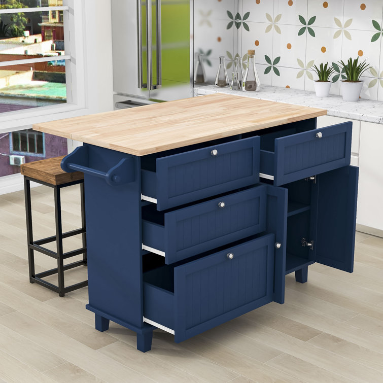 Farmhouse Kitchen Island Set with Drop Leaf and Drawers, Dining Table Set with 2 Stools Red Barrel Studio Base Finish: Blue