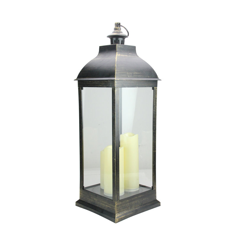 Lanterne noire 28 "brossée dorée avec bougies DEL sans flamme
