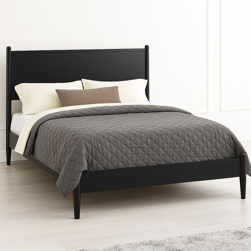 Black Finish Mid - Century Modern Queen Size Wooden Platform Bed With Construction, Tapered Round Legs, And Slat Kit For Bedroom Refresh Of Wood, Design, Included