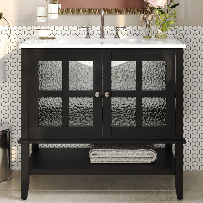 Meuble-lavabo 36 po avec lavabo en céramique et surface peinte imperméable, Noir