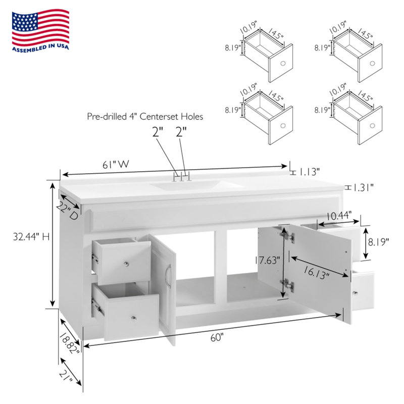 Concord 61 Inch Bathroom Vanity with Cultured Marble Top, Assembled, White