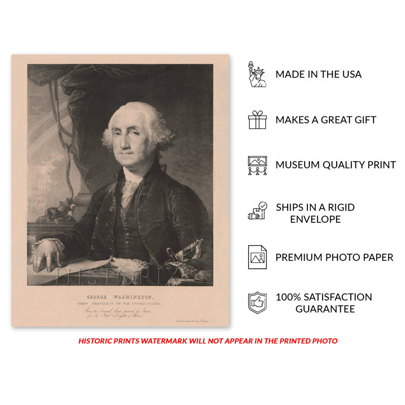 1828 George Washington sur papier, H 24 po x l 18 po x P 0,01 po