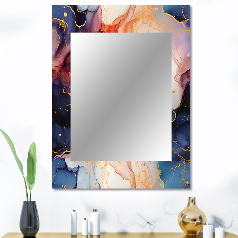 Red And Blue Celestial Radiance Marble Bliss - marble  Large Wall Mirror, Modern Decorative Mirror, Printed Metal Art
