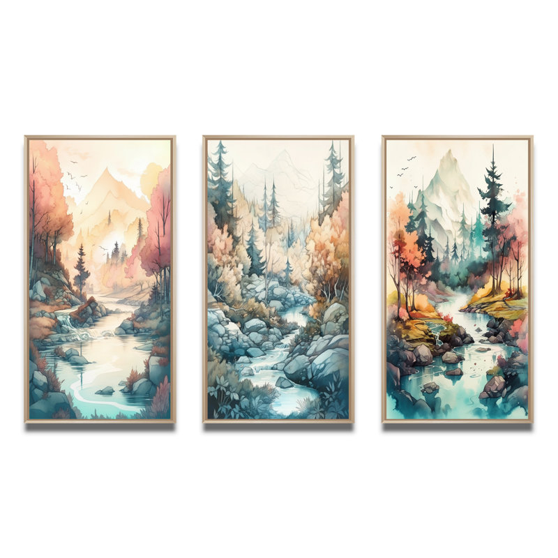 «Colored Mountains And River», 3 pièces sur toile, Cadre naturel flottant, H 32 po x l 48 po