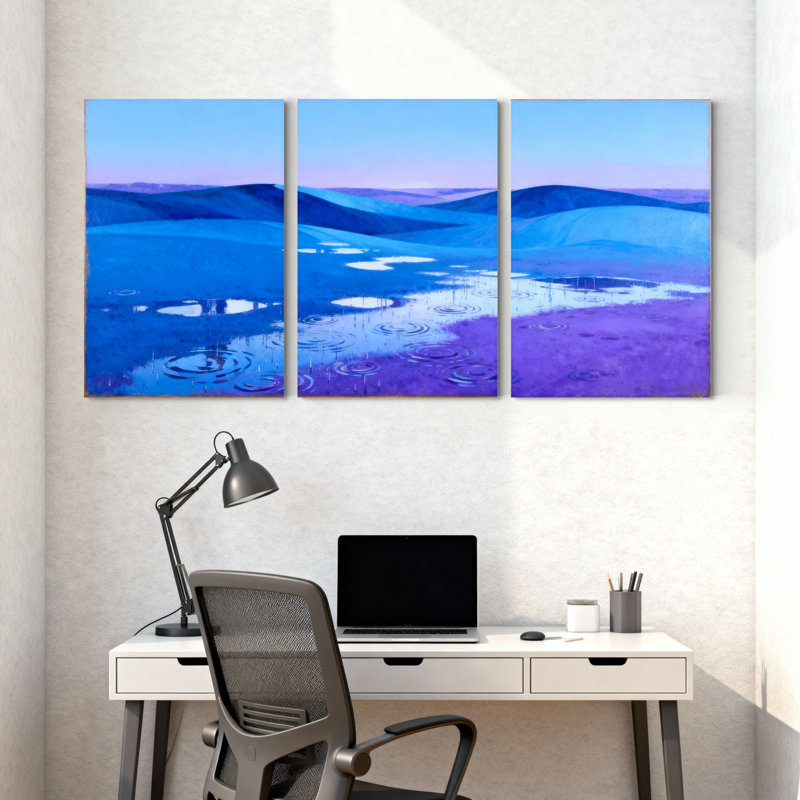 Scénario et paysages urbains, ciel bleu, eau, ondulations, paysage mauve, ensemble de 3 impressions sur toile