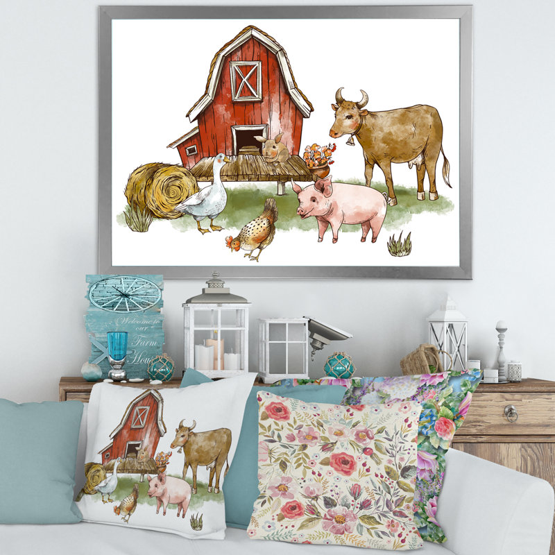 «Farm House With Goose Chicken Cow Pig And Haystack», reproduction de photo sur toile, Encadrement argenté
