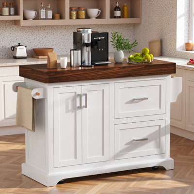 Grand îlot de cuisine avec bureau épais, porte-épices, porte-serviettes, 2 tiroirs et 5 roulettes