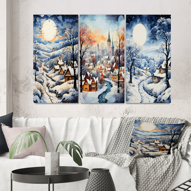 «Harmony Of Winter Village V», 3 pièces sur toile, Encadrement doré, H 40 po x l 60 po