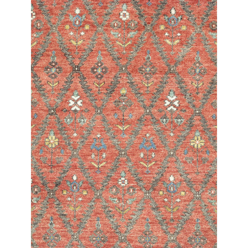 Nomad Hand Knotted Wool Geometric Area Rug in Rust/Ivory
