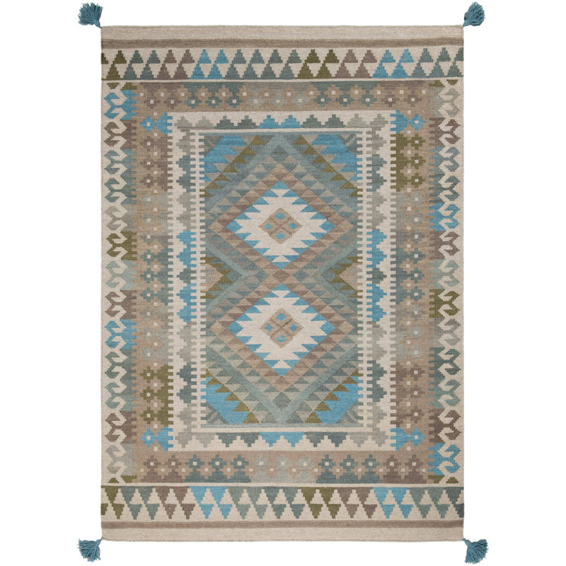Ivoire en laine fabriqué à la main de style sud-ouest moderne nalston/bleu/brun Tapis décoratif, Rectangle 2 pi x 3 pi