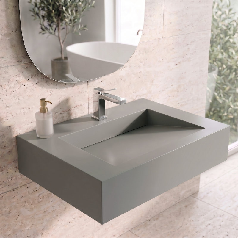 Pyramid 30" Wall Mounted Rectangular Solid Surface Bathroom Sink in Matte Finish, Gray, Gray
