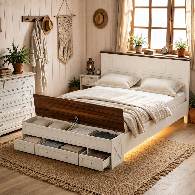 Structure de lit moderne en bois avec rangement et bande lumineuse à DEL, lit plateforme avec tête de lit, lattes renforcées et pieds centraux, sans sommier