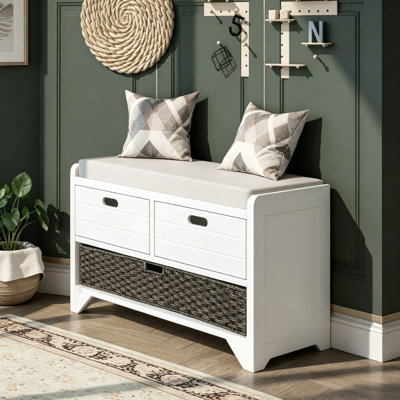 Banc de hall d'entrée en bois blanc classique avec 2 tiroirs, grand panier en rotin et coussin de siège amovible pour le couloir, la porte d'entrée et le salon