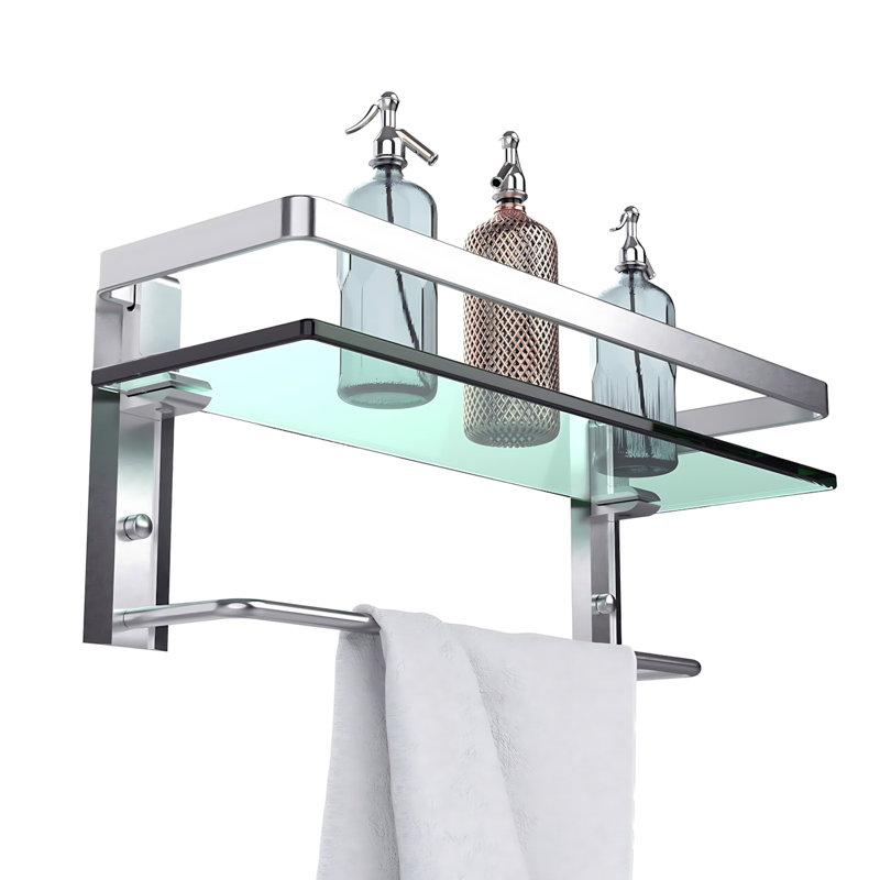 Space Aluminum Bathroom Glass Shelf With Towel Bar, Wall Mounted Organizer For Shower Storage And Cosmetic Display