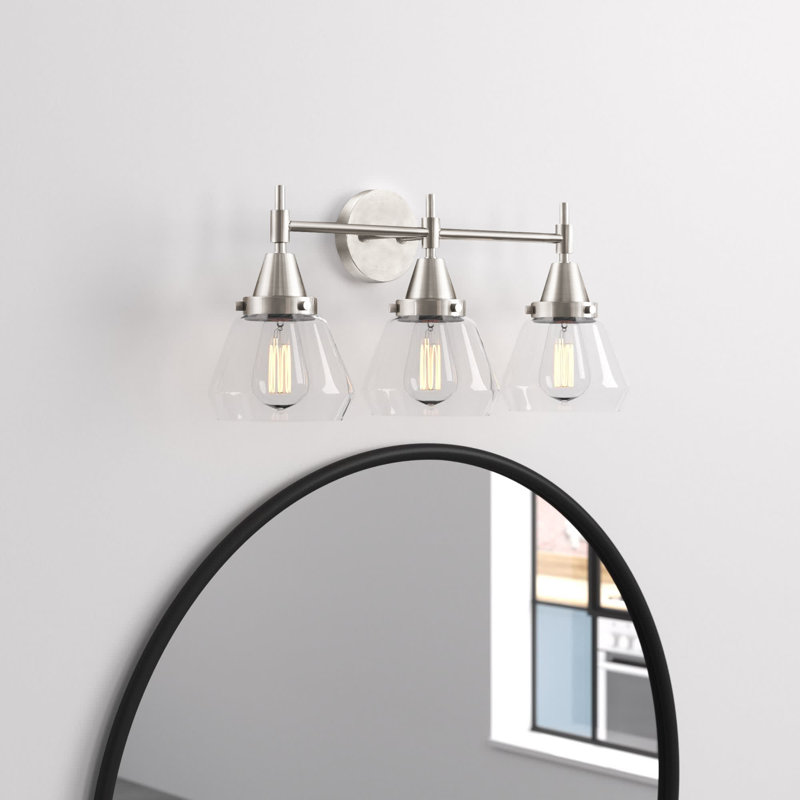 Éclairage pour meuble-lavabo 3 lumières 25 po Caden Fulton - fini noir mat - abat-jour fumé clair, Nickel satiné, Transparent