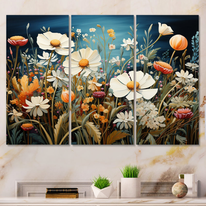 Symphonie florale blanche sur toile 3 pièces, H 28 po x l 36 po x P 1 po