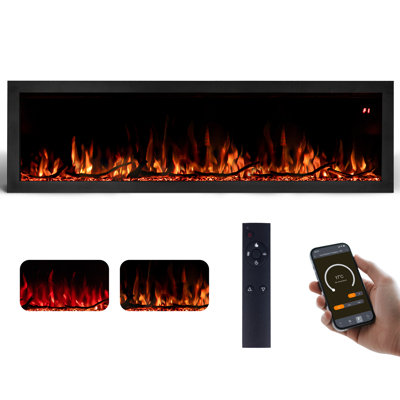60 Inch Recessed or Wall Mounted Electric Fireplace Heater, 12 Flame Colors,  Remote Control/APP, 9-Hour Timer, 750W/1500W  Logs & Crystals,
