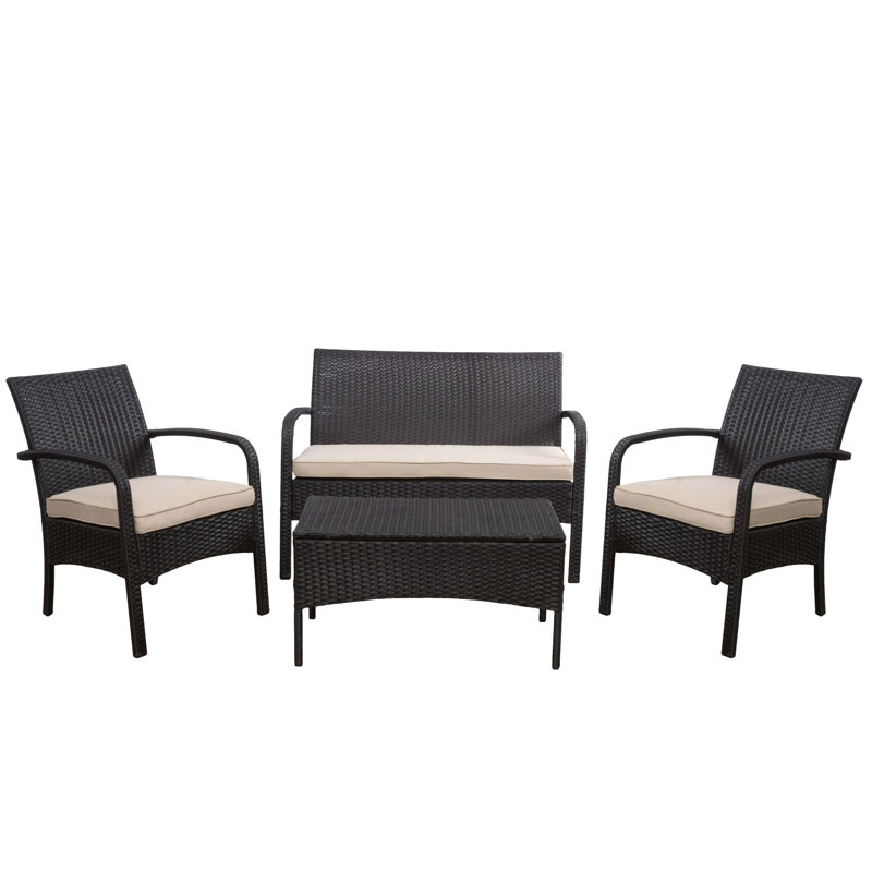 Outdoor Pe 4 Piece Conversation - Brown. Includes With Cushion, 2 Chairs Cushions, And Table. Made From Iron. Tan Cushion Covers. Assembly Required. Sizes: 26.76D X 42.75W 30.67H In, 22.50W Table