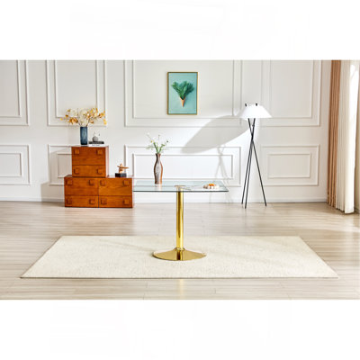 Table de salle à manger 38,5 pouces moderne minimaliste carrée en verre avec base en métal à une colonne, table de salle à manger dorée. Convient pour 2 à 4 personnes.