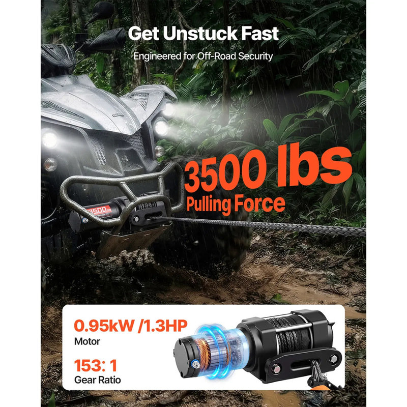 Treuil électrique 3500 lbs, treuil atv / utv 12v DC avec corde synthétique Φ0,21 "x 32,8 pi et télécommande câblée, boîtier de support en aluminium imperméable Ip55 pour attelage, noir