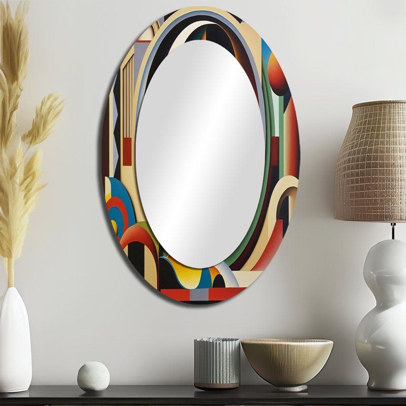 Circular Retro Dynamics II - Blue Oval Wall Mirror Decor, 36" x 24"