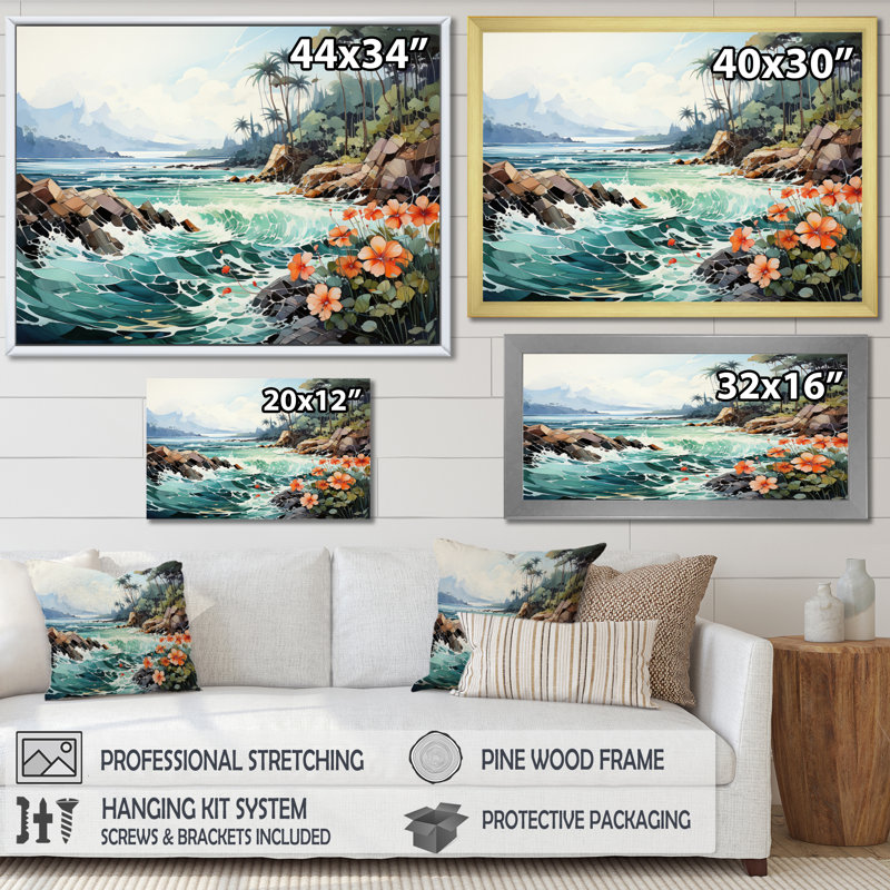 Thailande, paysage de paradis tropical - art mural nautique et plage, salon, H 16 po x l 32 po x P 1 po, Cadre flottant noir