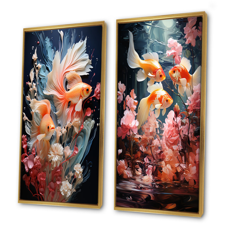 Minimalisme, aquariums, poissons - aquariums, ensemble de 2 impressions sur toile, Encadrement doré, H 40 po x l 41 po