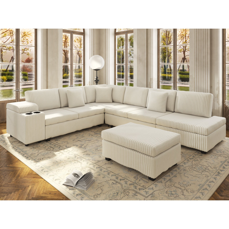 Canapé-lit modulaire en L 110 po avec canapé-lit en L et repose-pieds USB, Beige