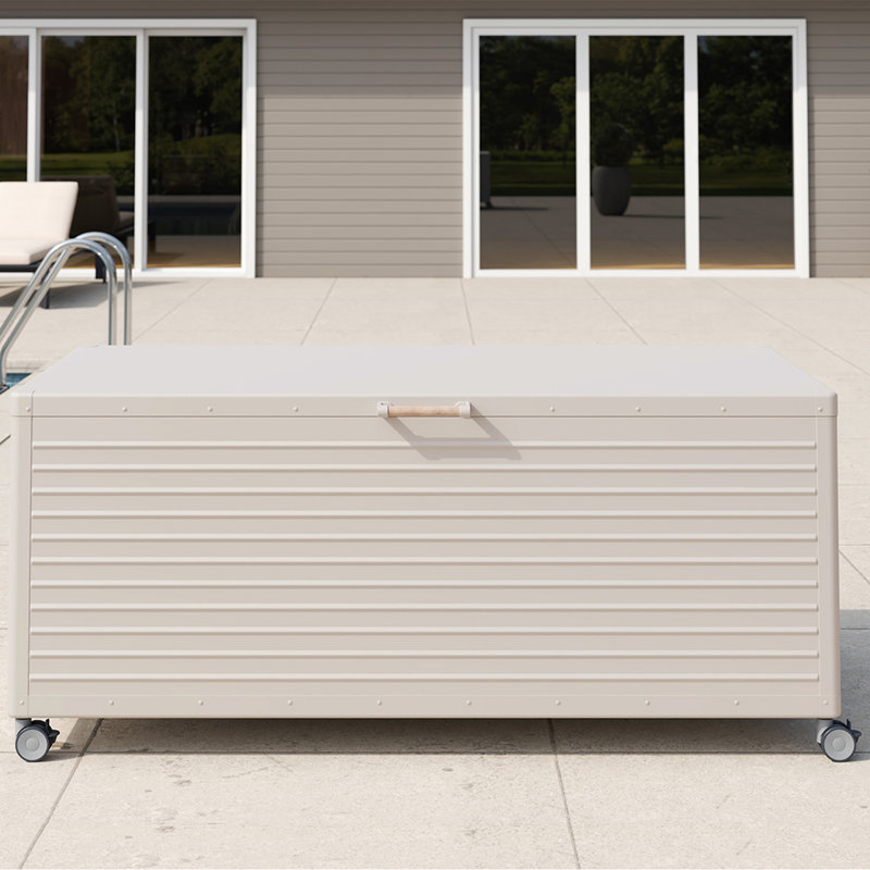 281 Gallon Large Outdoor Metal Deck Box with Wheels, 27.6'' H x 72'' W x 35.2'' D, Latte