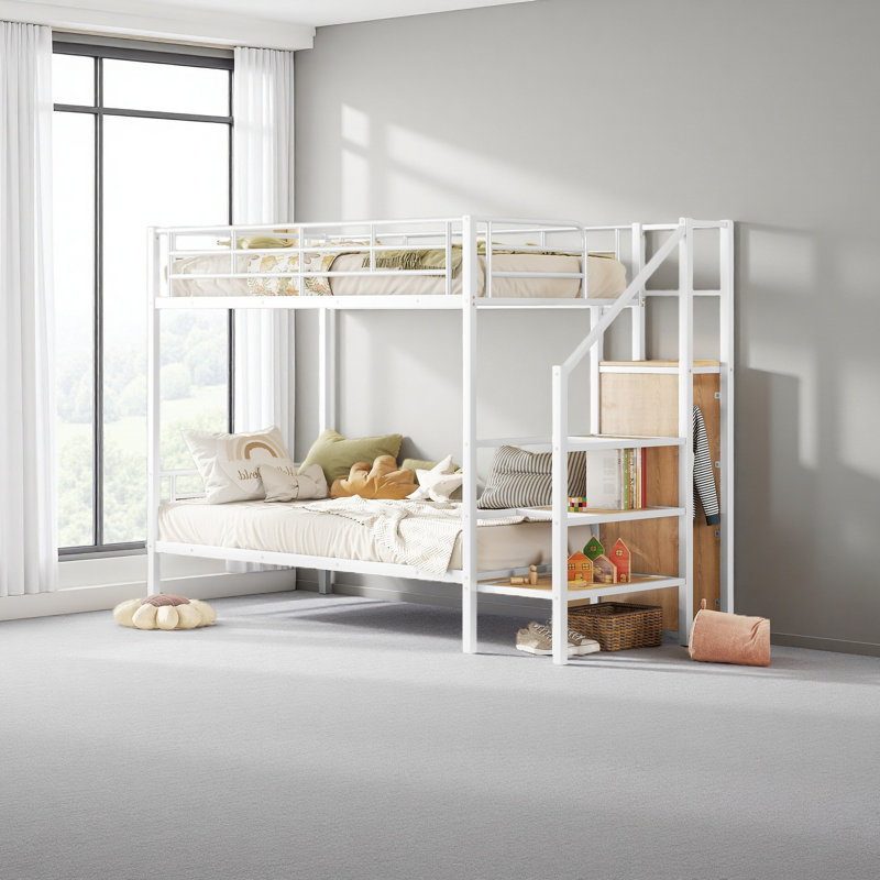 Lit superposé en métal avec échelle de rangement latérale et garde-robe, Lit simple, Blanc
