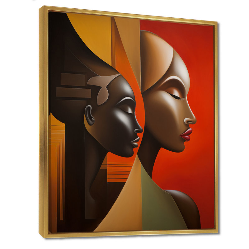 «Retro Minimal Double Ebony Profile III - Masque africain», reproduction d'art, Cadre flottant doré
