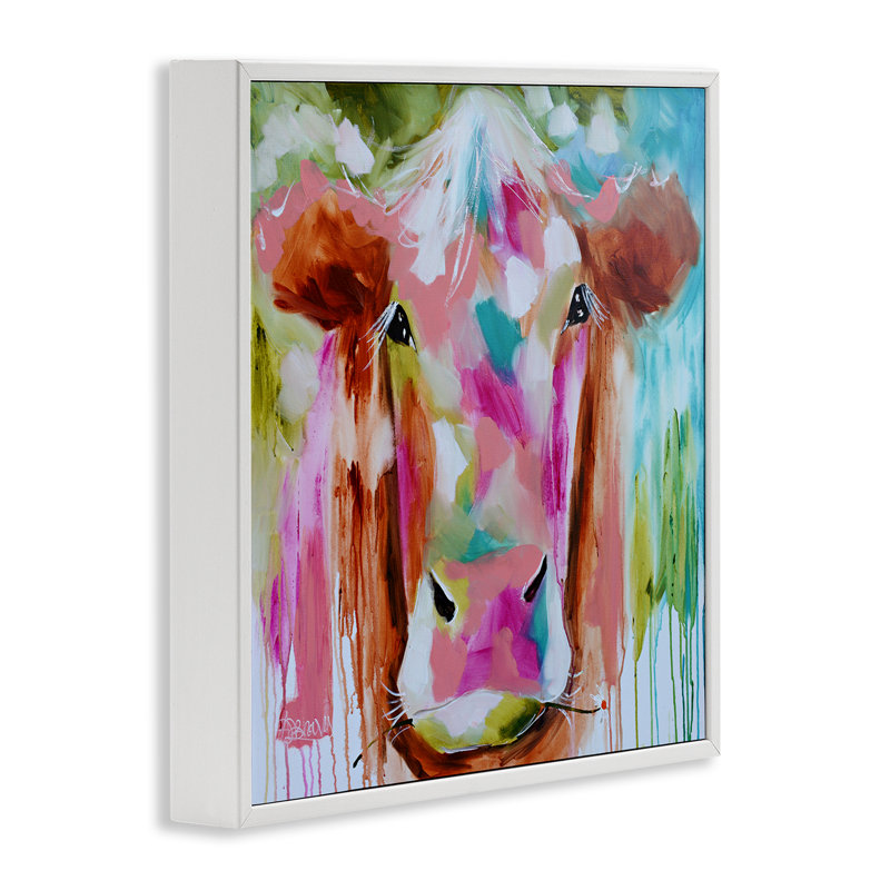 Vache Expressionist Vibrant, giclée par Amanda Brooks, H 12 po x l 12 po, Estampe numérique encadrée blanc bord de mer