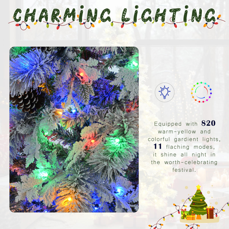 4FT Prelit Snow Flocked Spruce Christmas Tree with Pine Cones and Multi-Color LED Lights