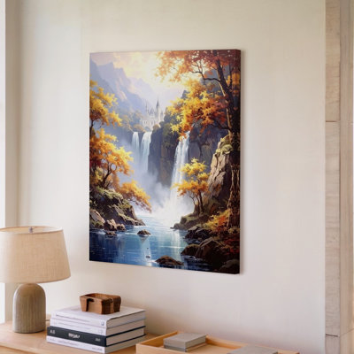 Toile, "Château magique en automne", art mural sur toile avec cascades