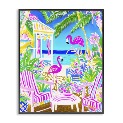 Flamants vifs sur une plage tropicale, estampe numérique, design par Jess Stempel