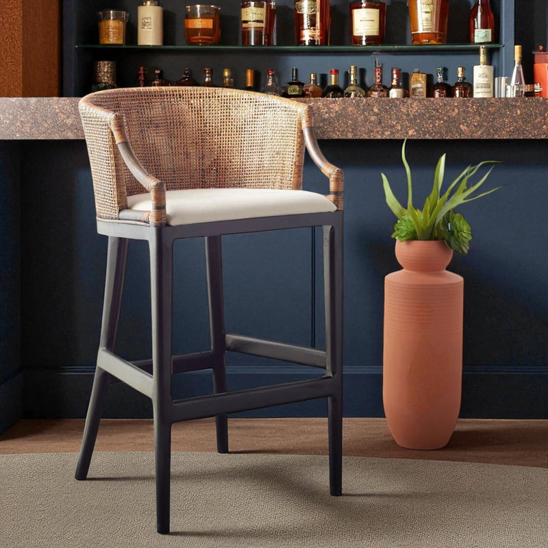 Morency Transitional Bar Stool - Mahogany Frame with Rattan Backrest & Foam Cushion for Home & Bar, White, Black/Brown