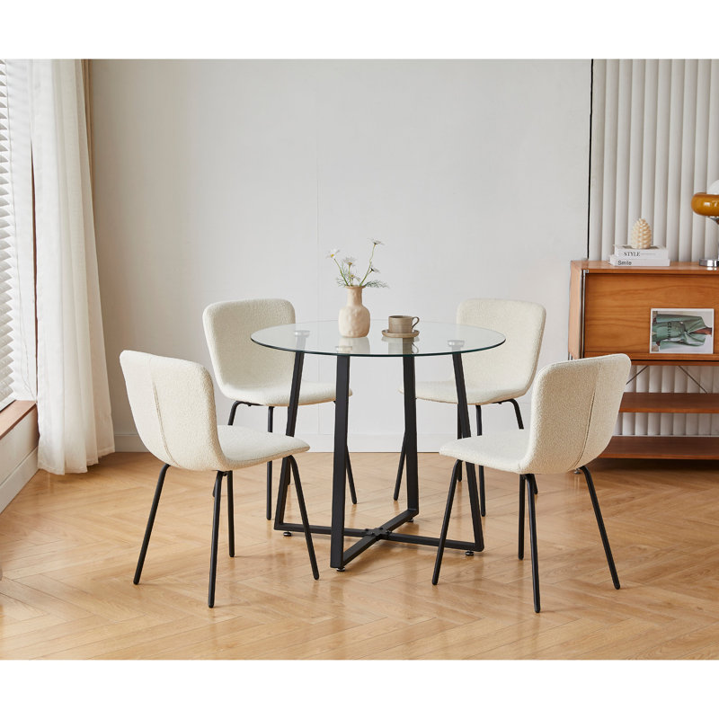 Ensemble de table ronde en verre trempé 35,4 po avec 4 chaises rembourrées en tissu pour la cuisine, la salle à manger et le salon