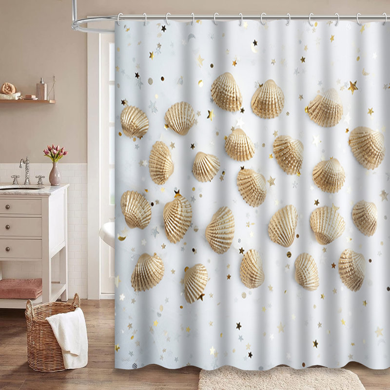 Rideau de douche Gold Shell White Gold Shells Starfish Conch, L 72 po x l 84 po
