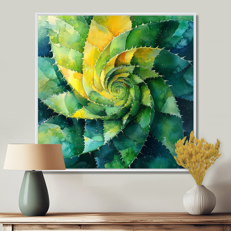 Géométrique, spirale, feuille d'aloès, plante grasse III - plante grasse, Impression encadrée flottante, H 16 po x l 16 po