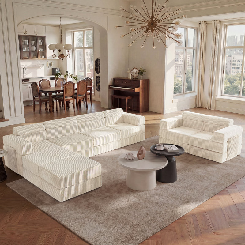 Sisler 8 Piece  141.6" Oversized  U Shape Upholstered  Corduroy Convertible Modular Compression Sofa with Storage Pockets, No Assembly Required