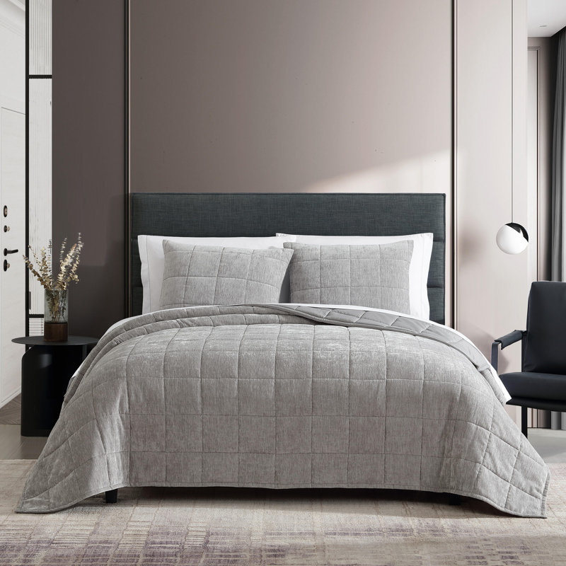 Ensemble de courtepointe réversible Vera Wang, Courtepointe grand lit + 2 taies d'oreiller standa, Gris argenté