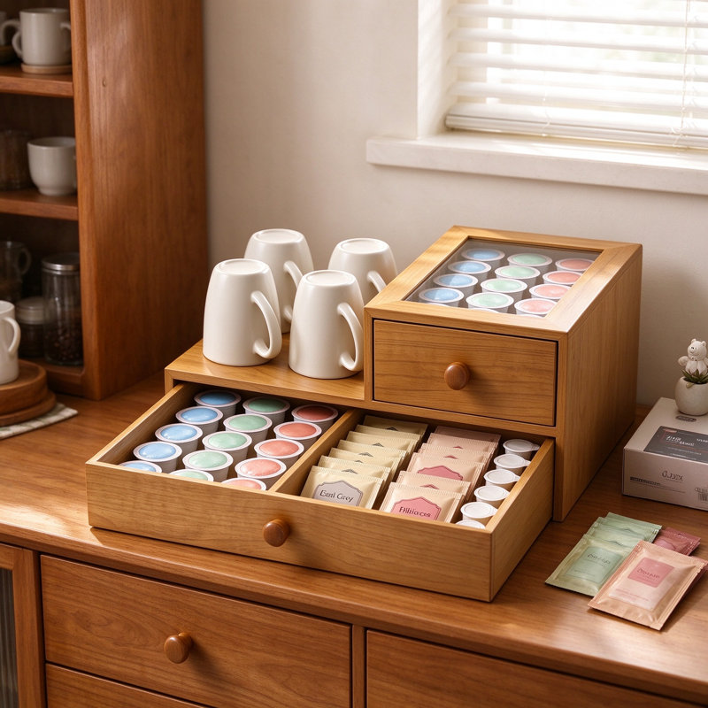 Wooden Coffee Pod Organizer Storage Box with Clear Acrylic Lid and Two Drawers, Natural Paulownia Wood Countertop Coffee Station for Pods, Tea Bags and Accessories