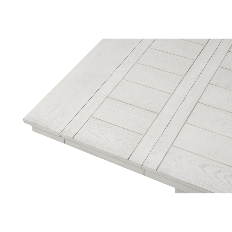 Table de salle à manger rectangulaire transitionnelle en chêne blanc rustique avec structure en bois d'hévéa, rallonge
