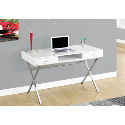 Table de bureau moderne avec plateau blanc lustré et plusieurs rangements. Bureau d'ordinateur contemporain pour appartement - Pied en métal pour ordinateur portable, 2 tiroirs et une tablette ouverte, 122 cm (48 po) de long.