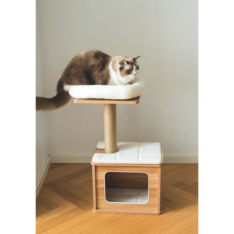 Natural Wood and White 30" Cat Tree with Sisal Post