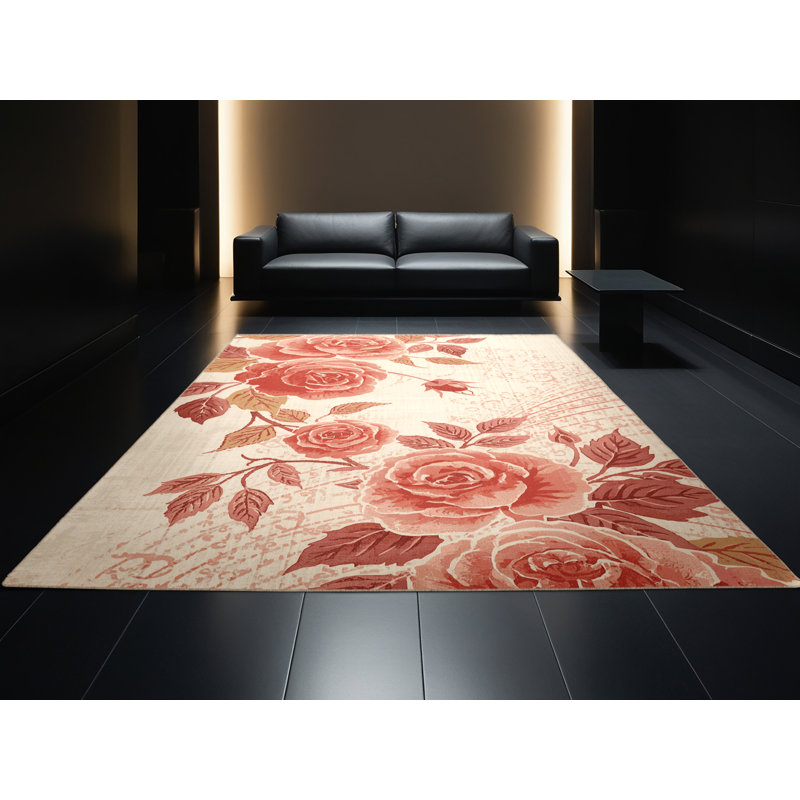 Machine Washable Ortmund Rose Classic Floral Rug in Beige – Beige Binding, 6' Round