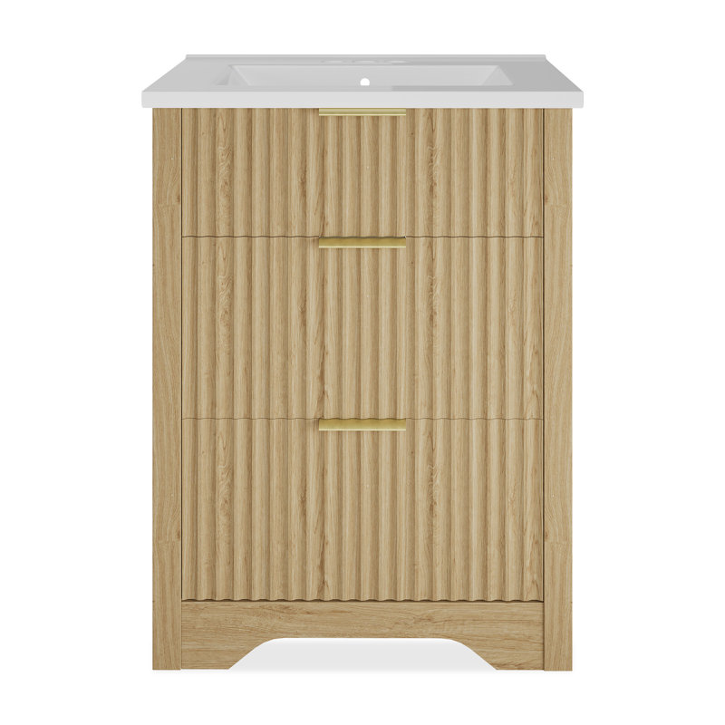 24" Modern Farmhouse Bathroom Vanity with Ceramic Sink, Freestanding Vanity Cabinet with 2 Drawers & 1 Flip-Down Drawer, Fluted Bathroom Storage Combo Set, Natural