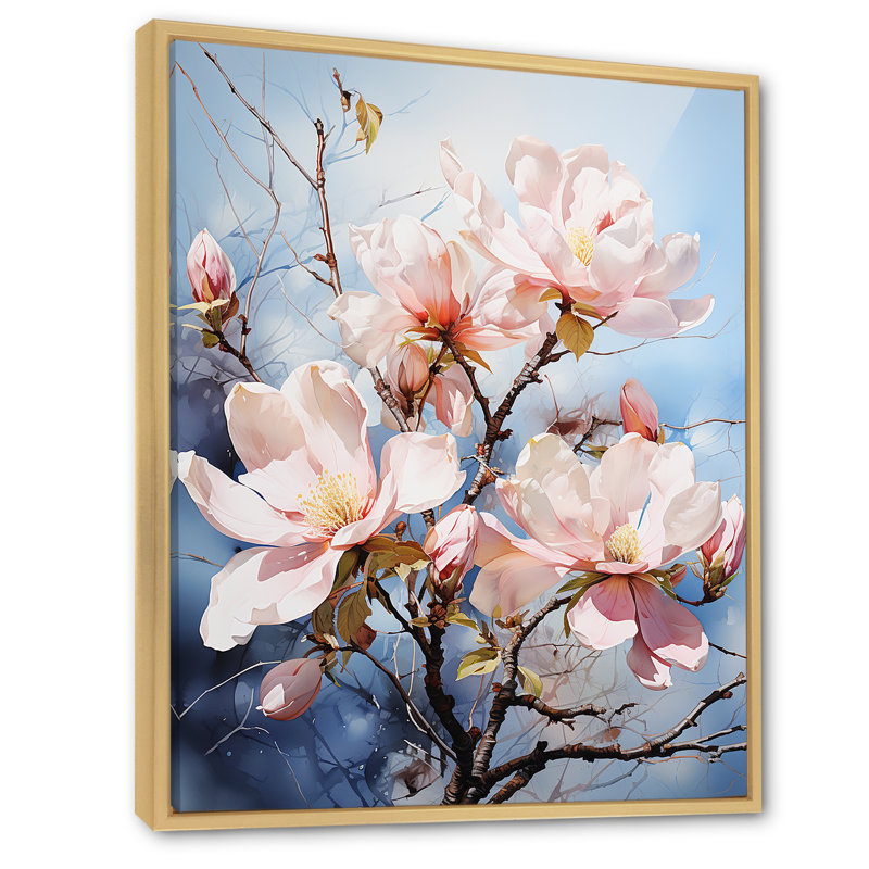 Blanc blanc rose Magnolias Magnolia Whispers II - imprimé, H 32 po x l 24 po x P 1 po, Cadre naturel flottant