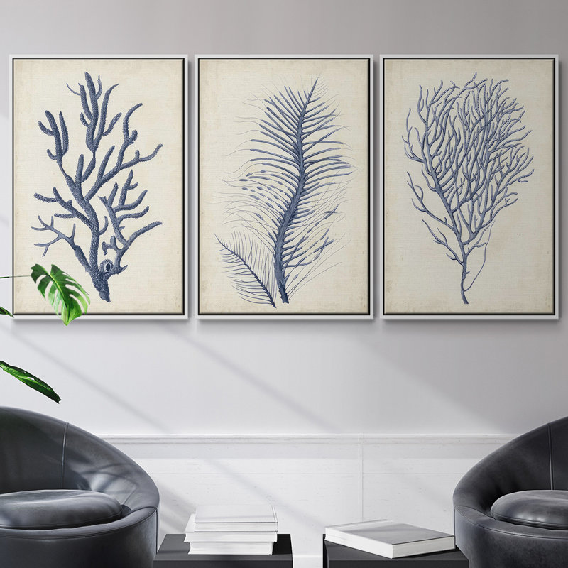 Indigo Brush Blooms I, ensemble de 3 toiles encadrées sur toile, Cadre blanc, H 27 po x l 54 po